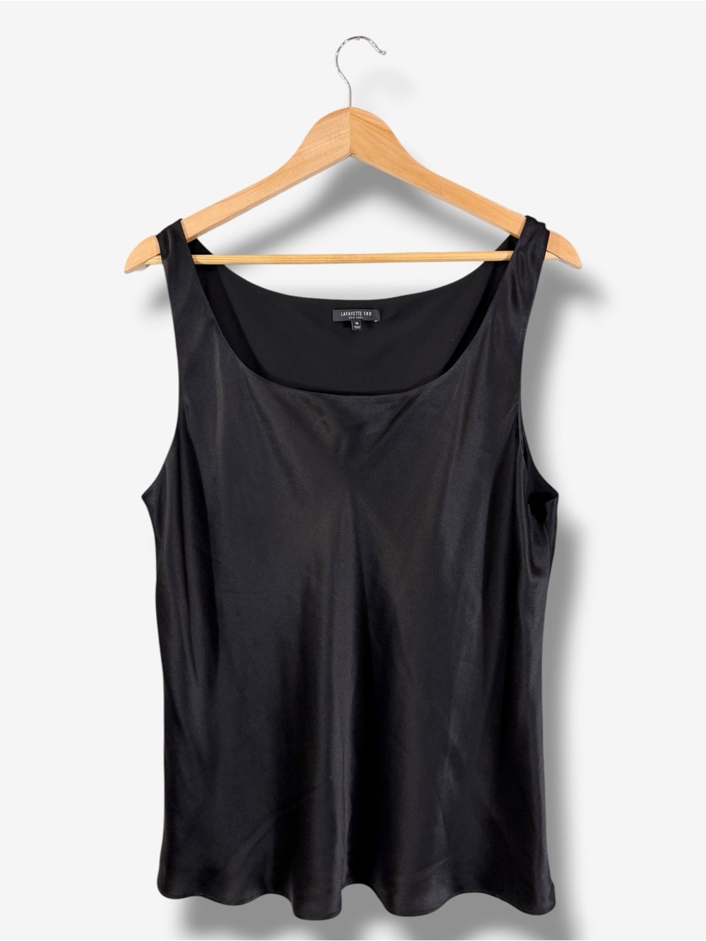Lafayette 148 Black 100% Silk Satin Tank Top Size 16 Scoop Neck